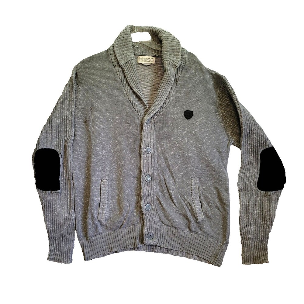Parish Nation Sweater Cardigan Mens XXL Gray Shawl Collar Elbow Patches Preppy